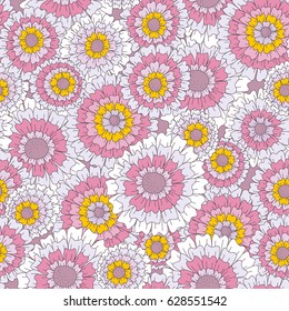 Vector floral pattern. Colorful seamless botanic texture, detailed flowers illustrations. Doodle style, spring floral background.