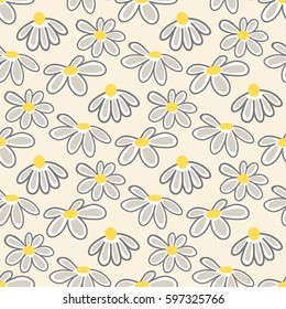 Vector floral pattern with cute daisies. Seamless floral pattern with spring flowers and leaves.