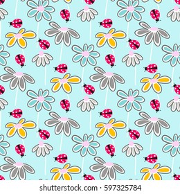 Vector floral pattern with cute daisies. Seamless floral pattern with spring flowers and leaves.