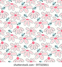 Vector floral pattern with cute daisies. Seamless floral pattern with spring pink flowers and ladybugs