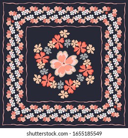 Flores decorativas de motivos florales vectoriales, bordes, fondo de color azul marino, color pastel. Para decorar pañuelos, hijabs, pañuelos. Patrón cuadrado.