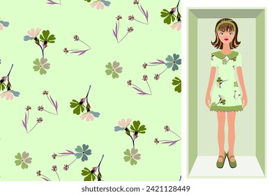 Vector floral pattern decorative flowers on green background seamless pattern for textiles, scarves, hijab. An example of using a cartoon doll pattern in a box.