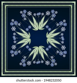 Patrón vectorial floral con hojas decorativas y flores rosadas sobre un fondo azul para el diseño textil, tela, pañuelos, chal, hijab, patrón cuadrado