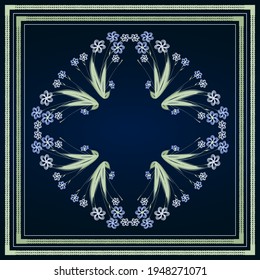 Vector floral pattern with decorative leaves and pink flowers on dark blue background for textile design, fabric, scarves, shawl, hijab, squared pattern