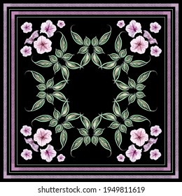 Vector floral pattern with decorative leaves and pink flowers on black background for textile design, fabric, scarves, shawl, hijab, squared pattern