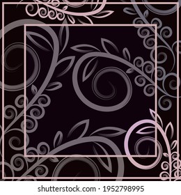 Vector floral pattern with decorative leaves and pink abstract curls on dark background for textile design, fabric, scarves, shawl, hijab, squared pattern