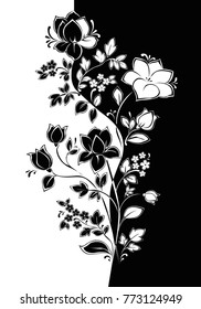 Vector floral pattern. Decorative stem with a flower separated vertically. Graphics in the style of Yin Yang