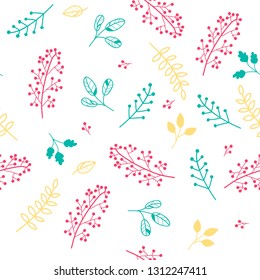 Vector floral pattern in decorative style. Hand drawn branches, berries and leaves on white background, seamless illustration.