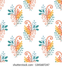 Vector floral pattern in decorative style. Hand drawn groups of branches, berries and leaves on white background, seamless illustration.
