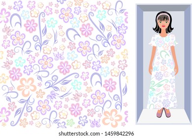 Vector floral pattern for design of cotton fabric, silk. Cartoon doll in a box in a floral pattern
