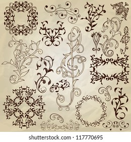 vector  floral pattern design elements on crumpled paper texture, fully editable eps 10 file