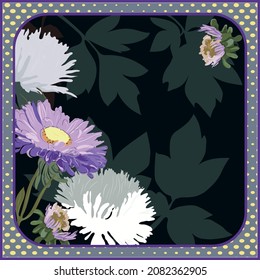 Vector floral pattern for design of hijab, shawl, scarf, head scarves. Decorative flower aster, in bronze mustard tones