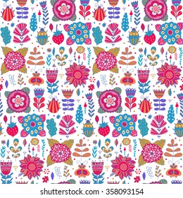 Vector floral pattern design, seamless pattern with flowers, plants and bugs. Vector background with butterflies, bugs, trees and flowers in childish style