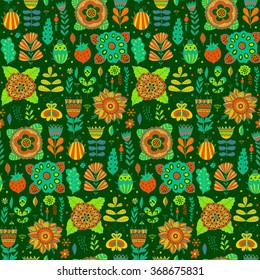 Vector floral pattern design, seamless pattern with flowers, plants and bugs. Vector background with butterflies, bugs, trees and flowers in childish style