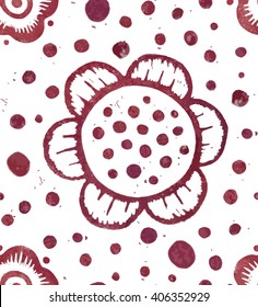 Vector floral pattern with digitalized linocut abstract fuchsia flowers and dots on transparent background. Large stylized flowers, fabric pattern.