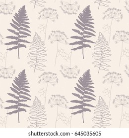 Vector floral pattern with dill or fennel flowers and fern leaves. Simple hand drawn flowers and leaves outlines in dark purple  on beige background with worn out texture.
