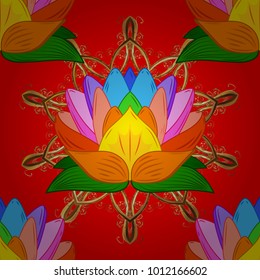 Vector floral pattern in doodle style with flowers. Gentle, cute floral background. Flowers on red, orange and green colors.