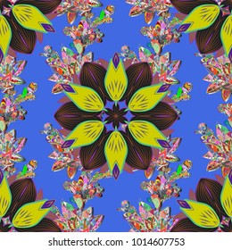 Vector floral pattern in doodle style with flowers and leaves. Gentle, spring floral on blue, gray and yellow colors. Vector illustration.