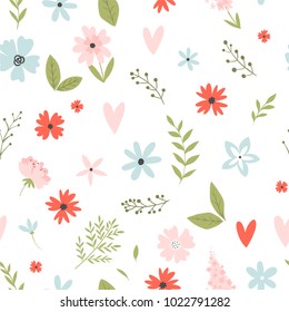 Padrão floral vetorial em estilo doodle com flores e folhas em fundo branco. Suave, fundo floral de primavera.