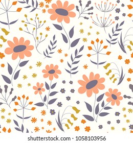 Vector floral pattern in doodle style with flowers and leaves. Gentle, spring floral background.Vector set of packaging design templates, seamless patterns and frames with copy space. modern ornaments