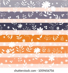 Vector floral pattern in doodle style with flowers and leaves. Gentle, spring floral background.Vector set of packaging design templates, seamless patterns and frames with copy space. modern pattern.