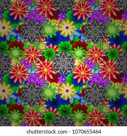 Vector floral pattern in doodle style with flowers. Gentle, spring floral on green, red, black, gray and blue colors. Vector illustration.