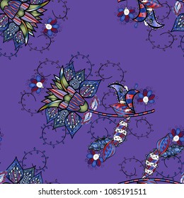 Vector floral pattern in doodle style with flowers. Gentle, tender floral background. Flowers on violet, black, blue and white colors.