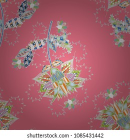Vector floral pattern in doodle style with flowers. Gentle, tender floral background. Flowers on pink, gray, neutral, blue and white colors.