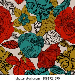 Vector floral pattern in doodle style with flowers and leaves. Gentle, spring floral background.