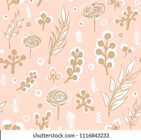 Vector floral pattern in doodle style with flowers and leaves. Gentle, spring floral background.