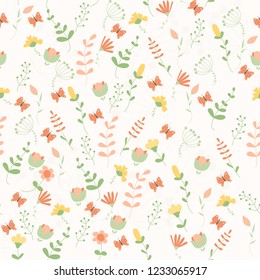 Vector floral pattern in doodle style with flowers and leaves.