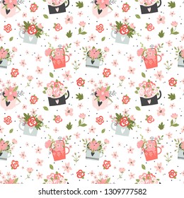 Vector floral pattern in doodle style with flowers, bouquets, cups and leaves on white background. Gentle, spring floral background.