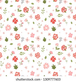 Vector floral pattern in doodle style with flowers and leaves on white background. Gentle, spring floral background.