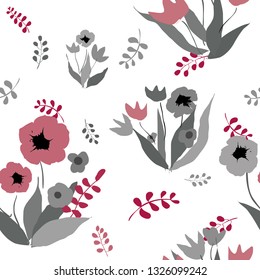 Vector floral pattern in doodle style with flowers and leaves