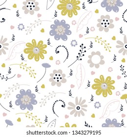 Vector floral pattern in doodle style with flowers and leaves.