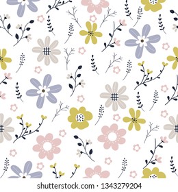 Vector floral pattern in doodle style with flowers and leaves.