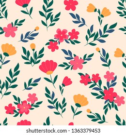 Vector floral pattern in doodle style with flowers and leaves. Gentle colors, spring floral background. Can be used for wallpaper, pattern fills, surface textures, fabric prints