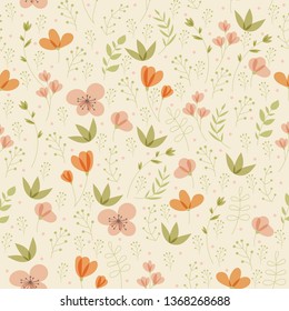 Vector floral pattern in doodle style with flowers and leaves.