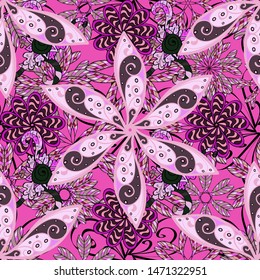 Vector floral pattern in doodle style with flowers. Gentle, summer floral on neutral, pink and black colors. Vector illustration.