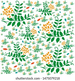 Vector floral pattern in doodle style with flowers and leaves. Gentle, spring floral background. - Vector