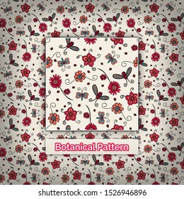 Vector floral pattern in doodle style with flowers and bugs. Vector floral background.