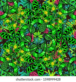 Vector floral pattern in doodle style with flowers. Gentle, spring floral on green, brown and black colors. Vector illustration.