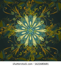Vector floral en estilo doodle con flores. Suave, floral primaveral en colores marrón, amarillo y verde. Ilustración vectorial.