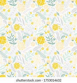 Vector floral pattern in doodle style with flowers and leaves. Gentle, spring floral background in yellow and green