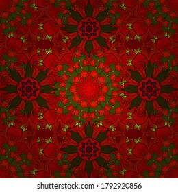 Vector floral pattern in doodle style with flowers. Gentle, cute floral background. Flowers on red, brown and green colors.