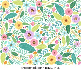 Vector floral pattern in doodle style with flowers and leaves. Gentle, spring floral background.
