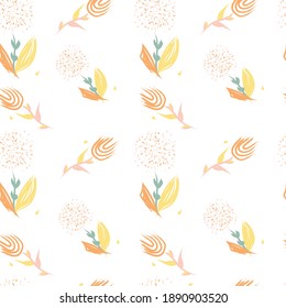 Vector floral pattern in doodle style with flowers and leaves. Gentle, spring floral background.