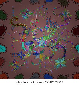 Vector floral pattern in doodle style with flowers. Gentle, spring floral background. Flowers on beige, blue and green colors.