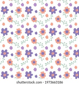 Vector floral pattern in doodle style with flowers and leaves. Gentle spring floral background. Cute childish print. Vector illustration in Scandinavian decorative style.
