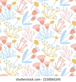 Vector floral pattern in doodle style with flowers, berries, twigs and leaves. Delicate, spring floral background in yellow, pink and blue tones.